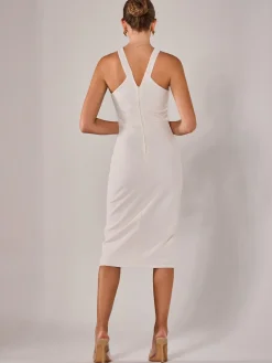 Jolie Moi Occasion Dresses|Sleeveless Dresses-Cross Over Halter Neck Midi Dress, White