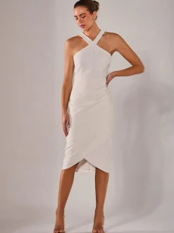 Jolie Moi Occasion Dresses|Sleeveless Dresses-Cross Over Halter Neck Midi Dress, White