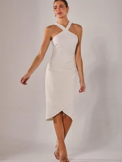 Jolie Moi Occasion Dresses|Sleeveless Dresses-Cross Over Halter Neck Midi Dress, White
