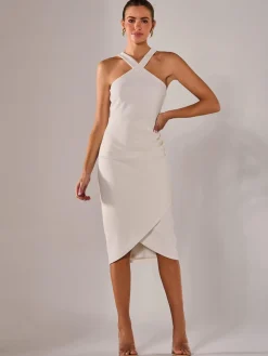 Jolie Moi Occasion Dresses|Sleeveless Dresses-Cross Over Halter Neck Midi Dress, White