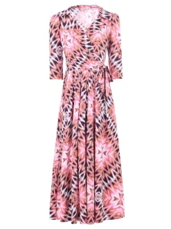 Jolie Moi Occasion Dresses|Maxi Dresses-Cross Over Tie Waist Maxi Dress, Pink Multi