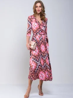 Jolie Moi Occasion Dresses|Maxi Dresses-Cross Over Tie Waist Maxi Dress, Pink Multi