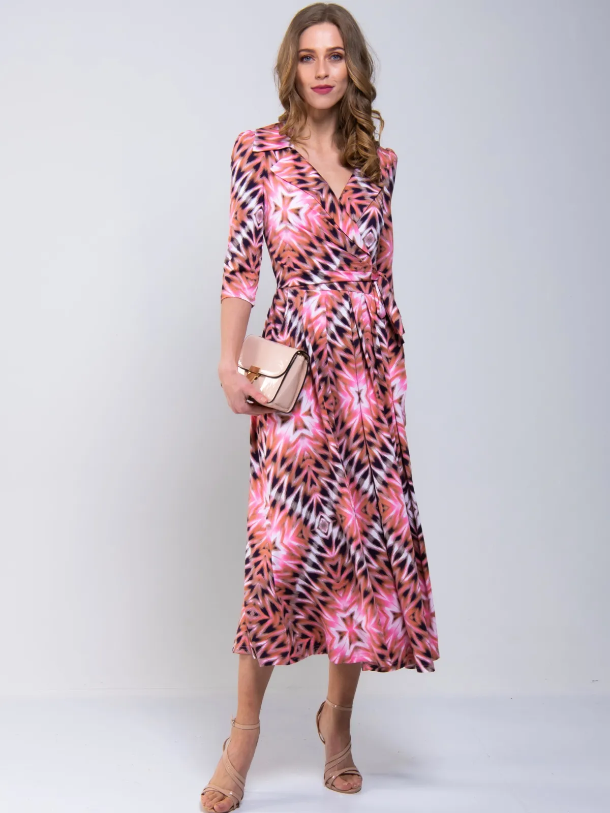 Jolie Moi Occasion Dresses|Maxi Dresses-Cross Over Tie Waist Maxi Dress, Pink Multi