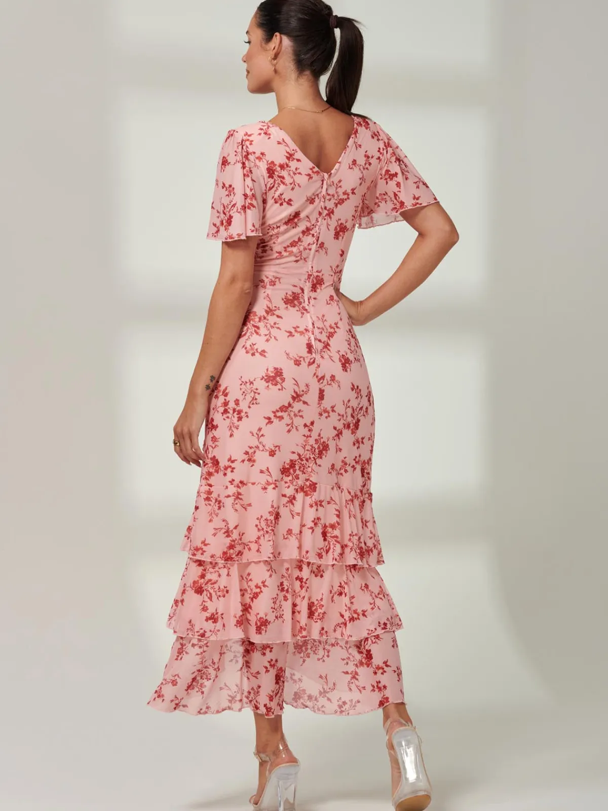 Jolie Moi Occasion Dresses|Floral Dresses-Daleysa Frill Hem Mesh Maxi Dress, Coral Pink