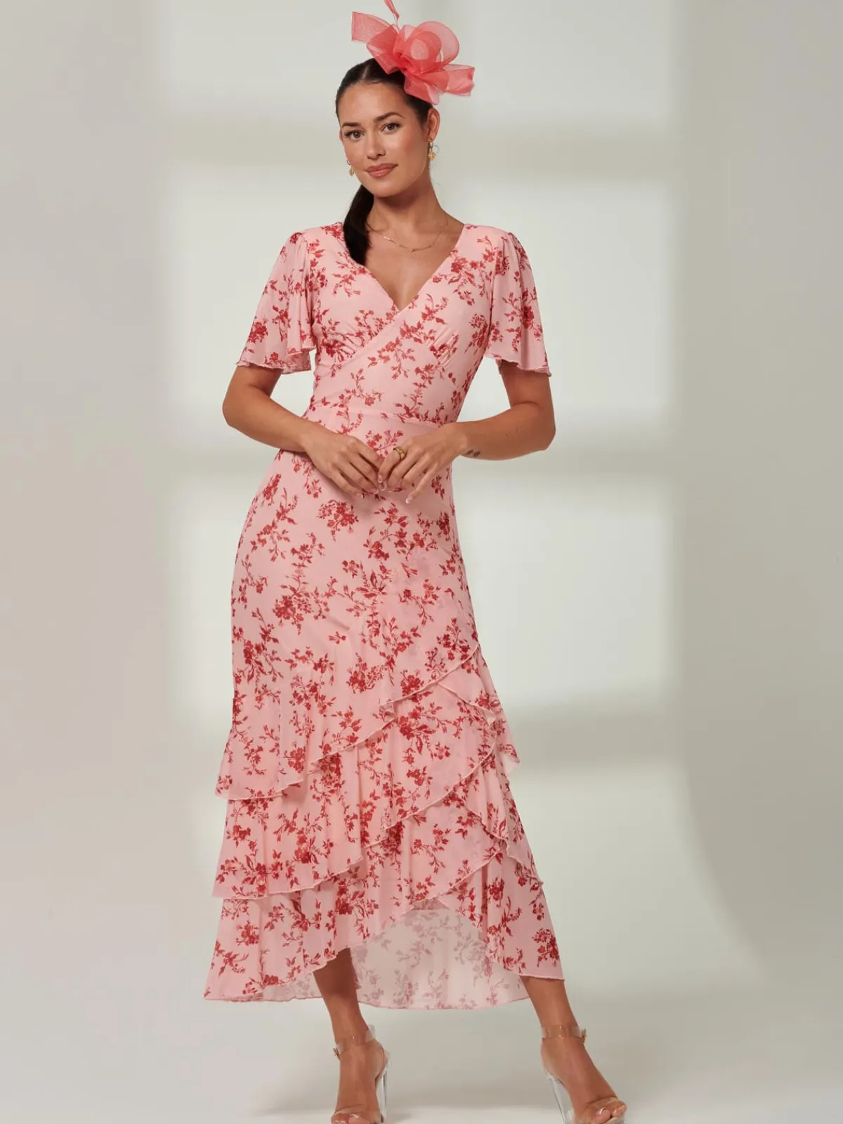 Jolie Moi Occasion Dresses|Floral Dresses-Daleysa Frill Hem Mesh Maxi Dress, Coral Pink