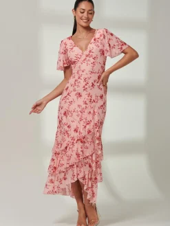 Jolie Moi Occasion Dresses|Floral Dresses-Daleysa Frill Hem Mesh Maxi Dress, Coral Pink
