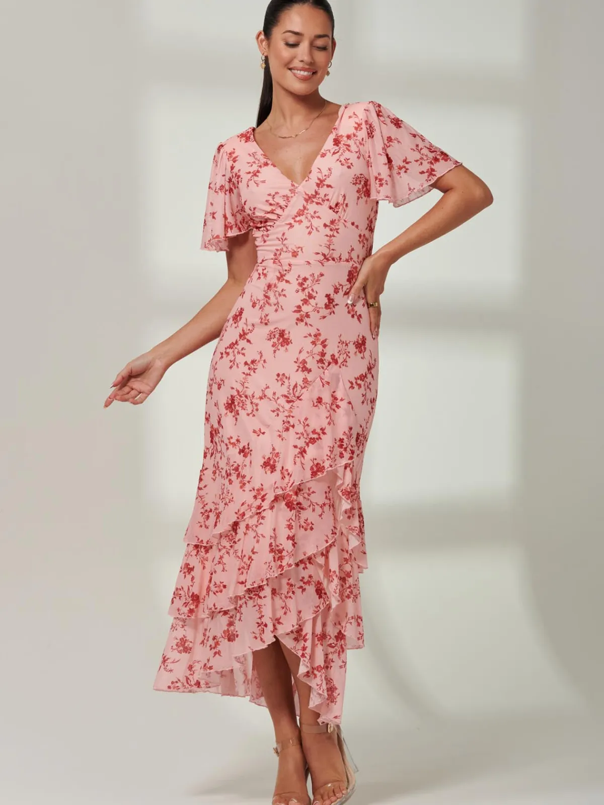 Jolie Moi Occasion Dresses|Floral Dresses-Daleysa Frill Hem Mesh Maxi Dress, Coral Pink