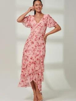 Jolie Moi Occasion Dresses|Floral Dresses-Daleysa Frill Hem Mesh Maxi Dress, Coral Pink
