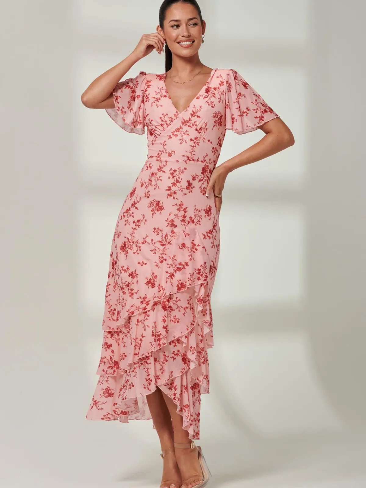 Jolie Moi Occasion Dresses|Floral Dresses-Daleysa Frill Hem Mesh Maxi Dress, Coral Pink