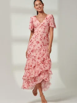 Jolie Moi Occasion Dresses|Floral Dresses-Daleysa Frill Hem Mesh Maxi Dress, Coral Pink