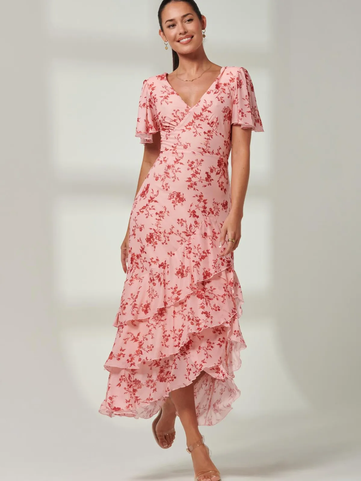 Jolie Moi Occasion Dresses|Floral Dresses-Daleysa Frill Hem Mesh Maxi Dress, Coral Pink