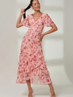 Jolie Moi Occasion Dresses|Floral Dresses-Daleysa Frill Hem Mesh Maxi Dress, Coral Pink