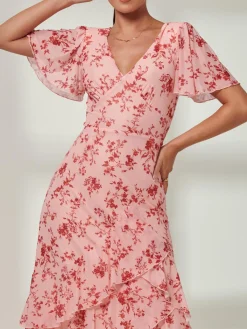 Jolie Moi Occasion Dresses|Floral Dresses-Daleysa Frill Hem Mesh Maxi Dress, Coral Pink