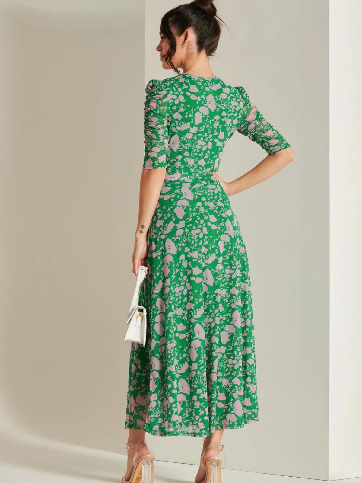Jolie Moi Occasion Dresses|Floral Dresses-Daliyah Wrap Front Mesh Maxi Dress, Green Floral