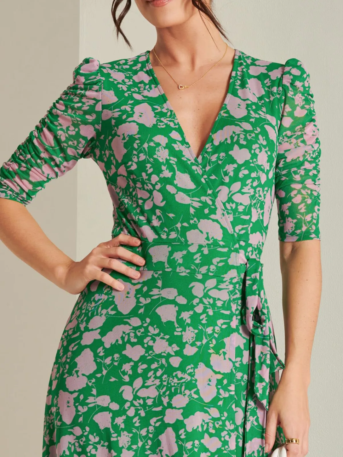 Jolie Moi Occasion Dresses|Floral Dresses-Daliyah Wrap Front Mesh Maxi Dress, Green Floral