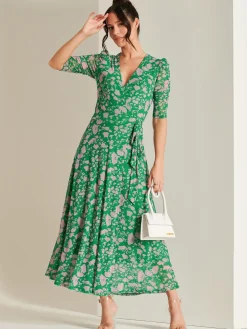 Jolie Moi Occasion Dresses|Floral Dresses-Daliyah Wrap Front Mesh Maxi Dress, Green Floral