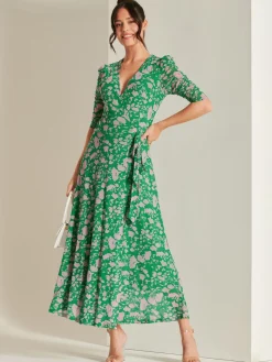 Jolie Moi Occasion Dresses|Floral Dresses-Daliyah Wrap Front Mesh Maxi Dress, Green Floral