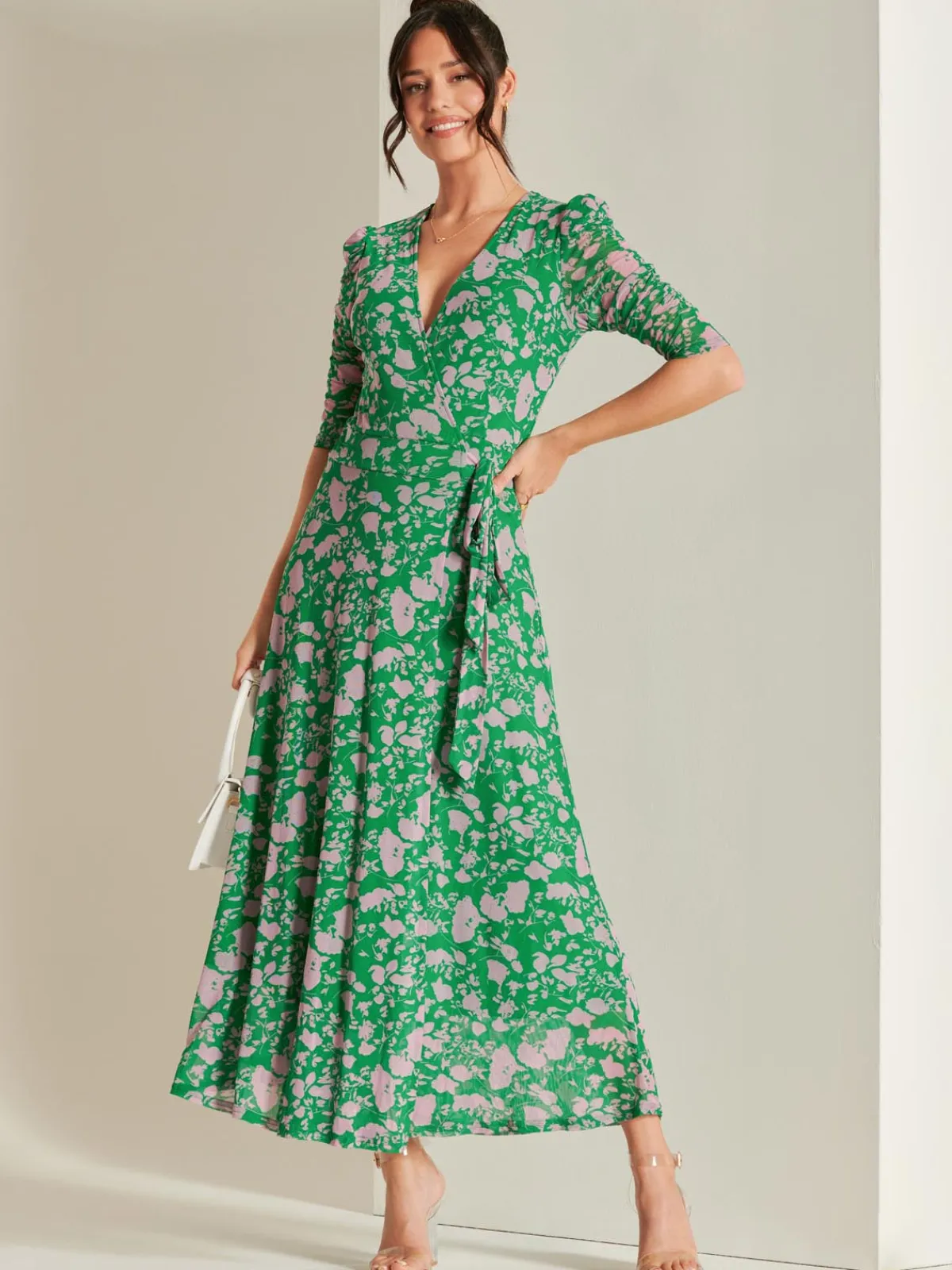 Jolie Moi Occasion Dresses|Floral Dresses-Daliyah Wrap Front Mesh Maxi Dress, Green Floral