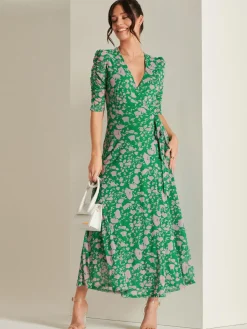 Jolie Moi Occasion Dresses|Floral Dresses-Daliyah Wrap Front Mesh Maxi Dress, Green Floral