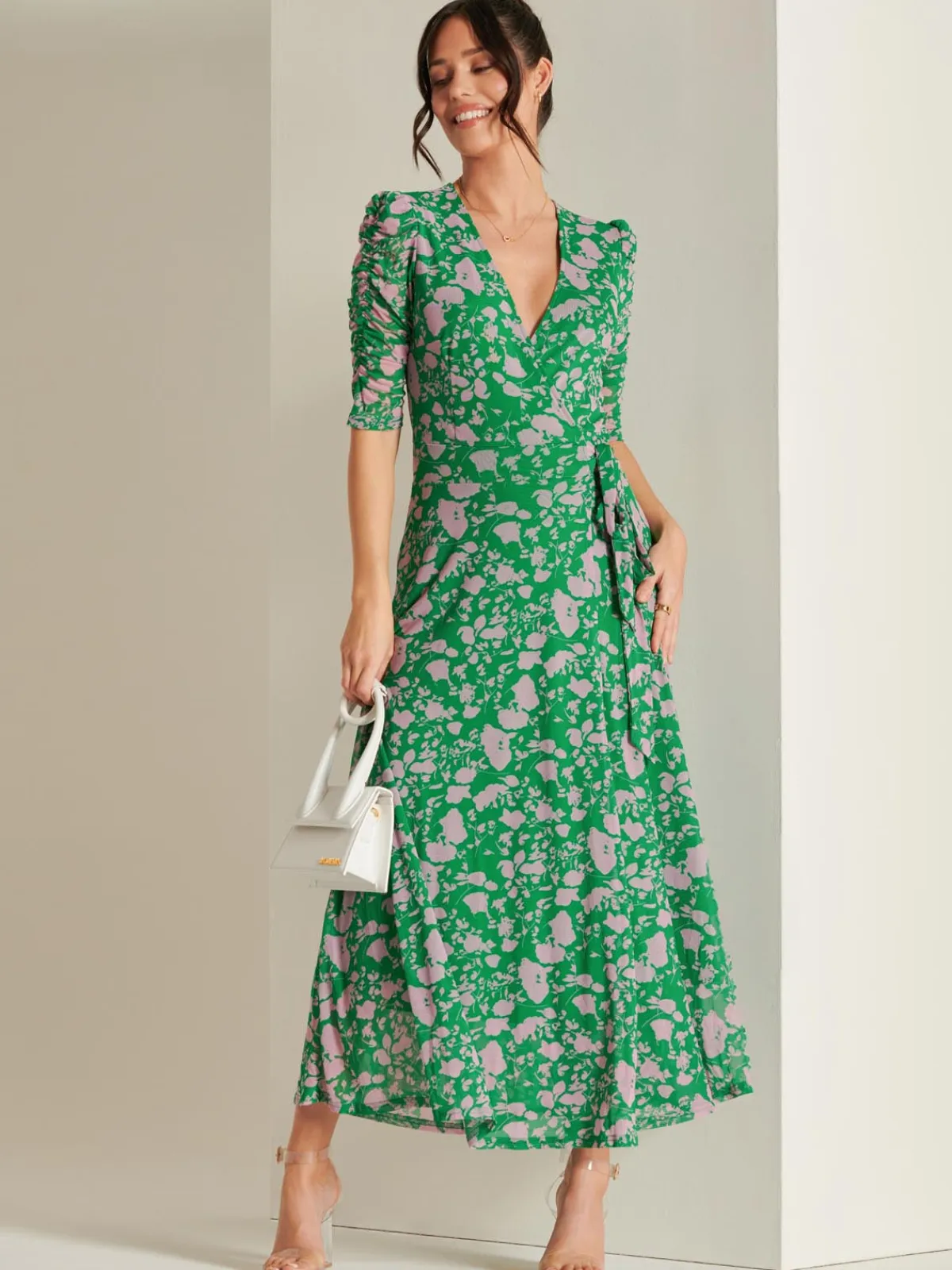 Jolie Moi Occasion Dresses|Floral Dresses-Daliyah Wrap Front Mesh Maxi Dress, Green Floral
