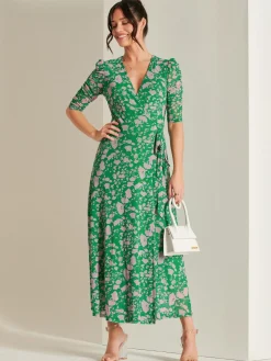 Jolie Moi Occasion Dresses|Floral Dresses-Daliyah Wrap Front Mesh Maxi Dress, Green Floral