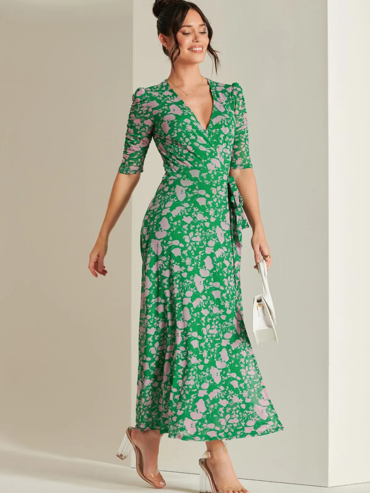 Jolie Moi Occasion Dresses|Floral Dresses-Daliyah Wrap Front Mesh Maxi Dress, Green Floral