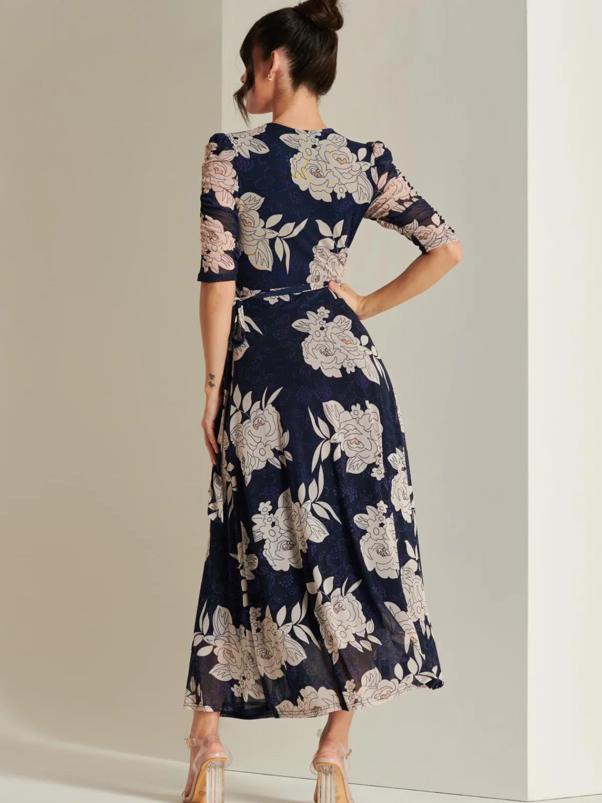Jolie Moi Occasion Dresses|Floral Dresses-Daliyah Wrap Front Mesh Maxi Dress, Navy Floral