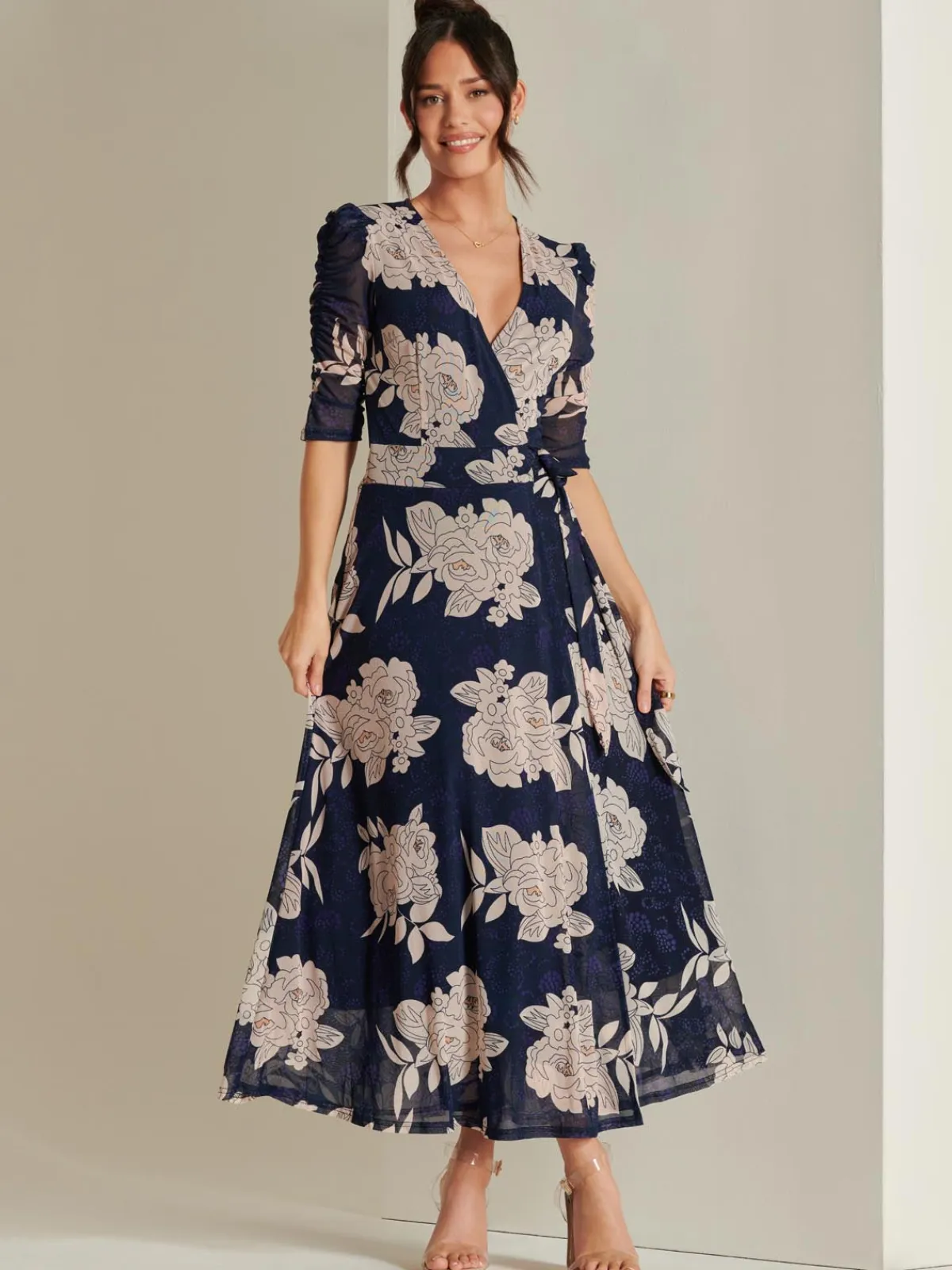 Jolie Moi Occasion Dresses|Floral Dresses-Daliyah Wrap Front Mesh Maxi Dress, Navy Floral