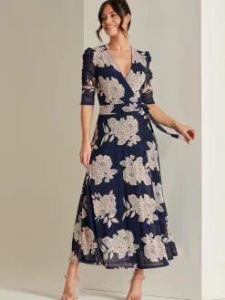 Jolie Moi Occasion Dresses|Floral Dresses-Daliyah Wrap Front Mesh Maxi Dress, Navy Floral