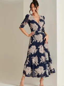 Jolie Moi Occasion Dresses|Floral Dresses-Daliyah Wrap Front Mesh Maxi Dress, Navy Floral