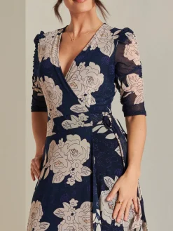 Jolie Moi Occasion Dresses|Floral Dresses-Daliyah Wrap Front Mesh Maxi Dress, Navy Floral