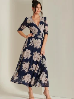 Jolie Moi Occasion Dresses|Floral Dresses-Daliyah Wrap Front Mesh Maxi Dress, Navy Floral