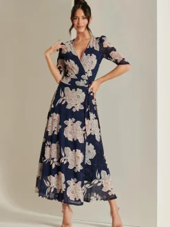 Jolie Moi Occasion Dresses|Floral Dresses-Daliyah Wrap Front Mesh Maxi Dress, Navy Floral