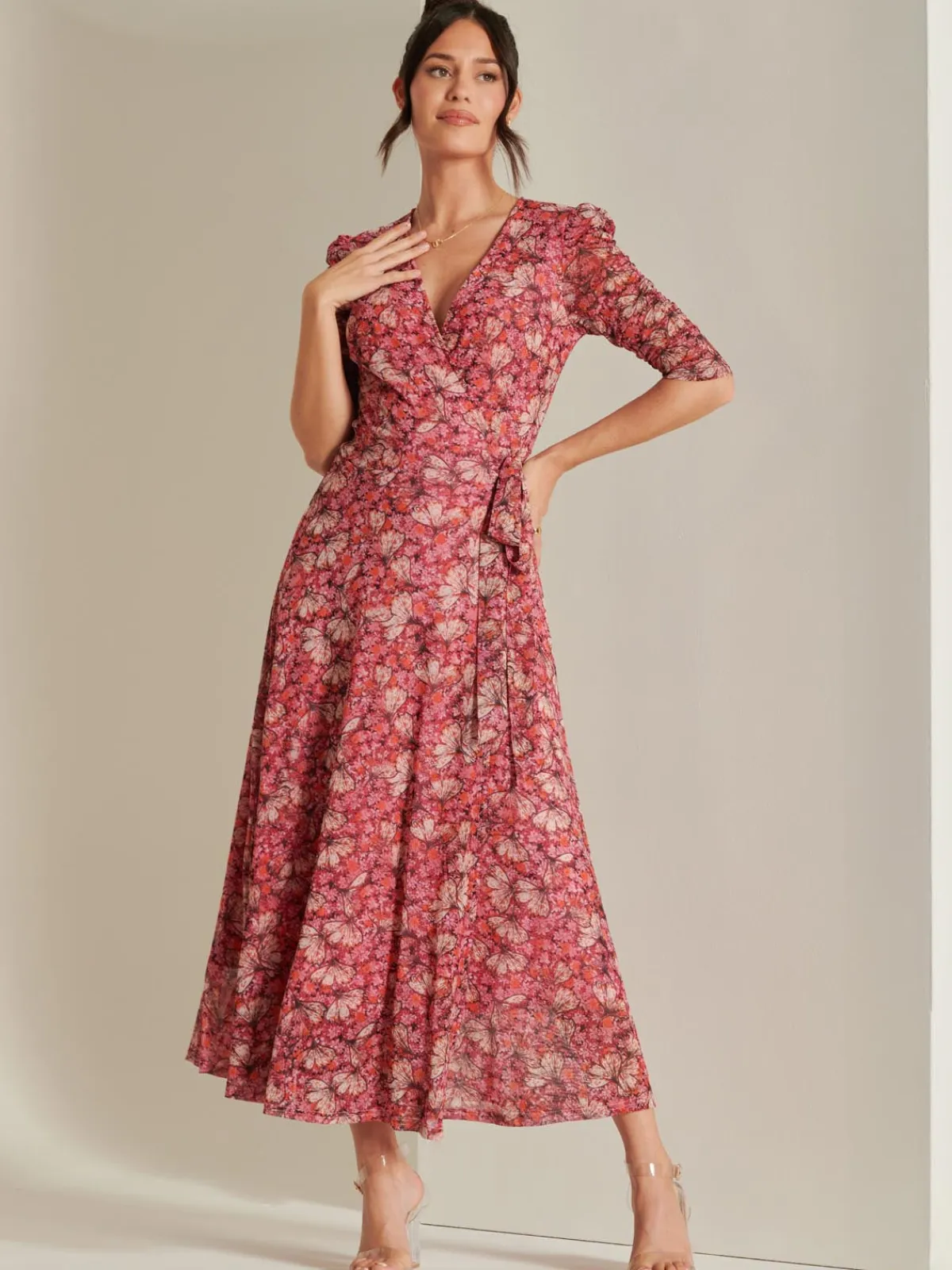 Jolie Moi Occasion Dresses|Mesh Dresses-Daliyah Wrap Front Mesh Maxi Dress, Pink Multi