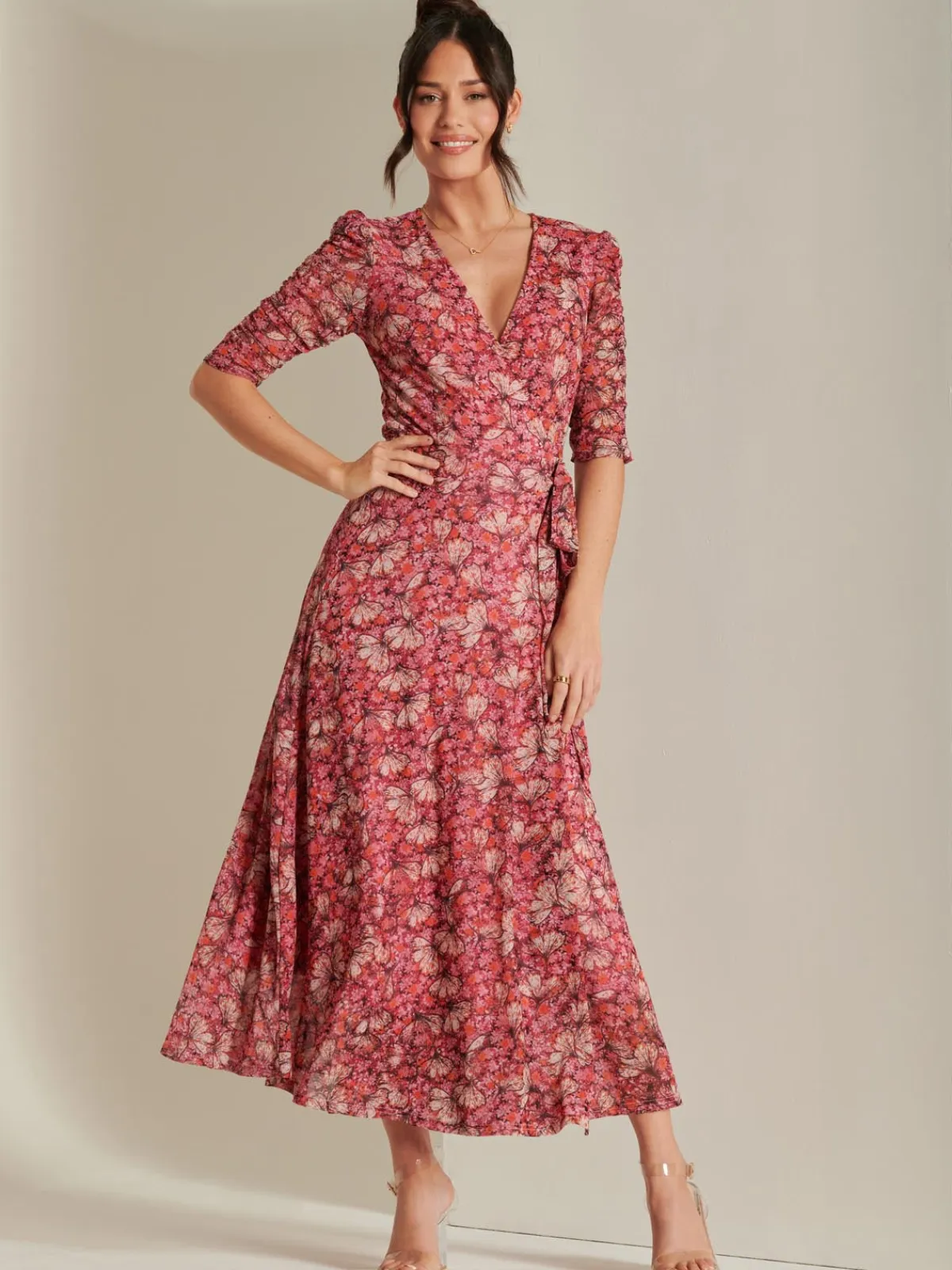 Jolie Moi Occasion Dresses|Mesh Dresses-Daliyah Wrap Front Mesh Maxi Dress, Pink Multi