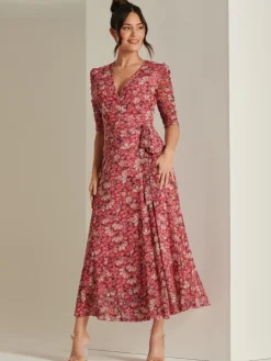 Jolie Moi Occasion Dresses|Mesh Dresses-Daliyah Wrap Front Mesh Maxi Dress, Pink Multi