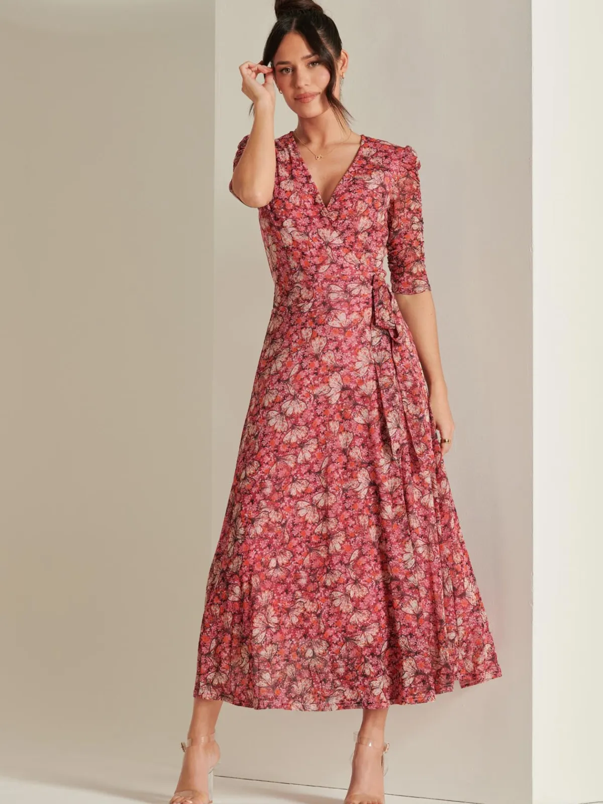 Jolie Moi Occasion Dresses|Mesh Dresses-Daliyah Wrap Front Mesh Maxi Dress, Pink Multi