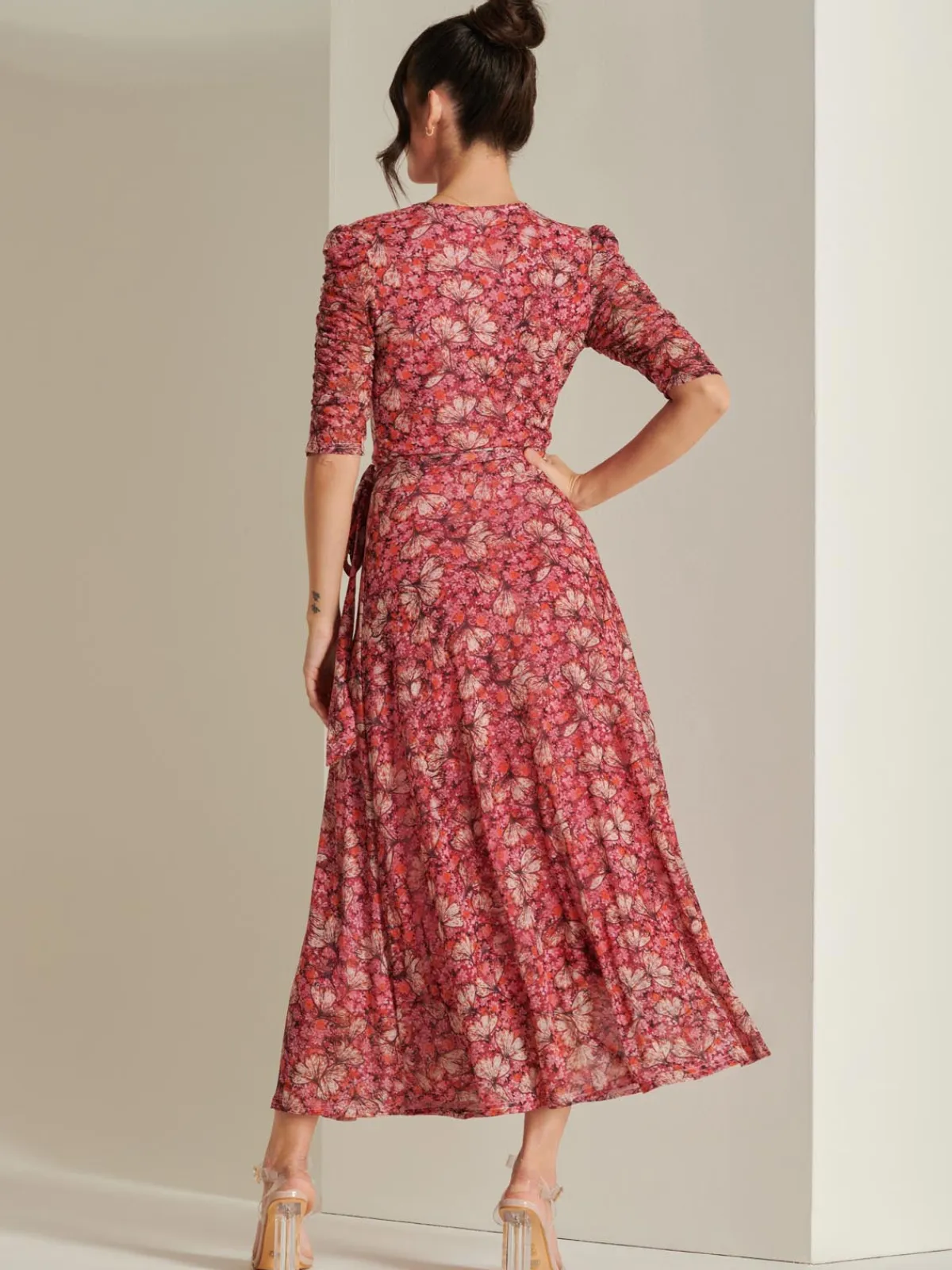 Jolie Moi Occasion Dresses|Mesh Dresses-Daliyah Wrap Front Mesh Maxi Dress, Pink Multi