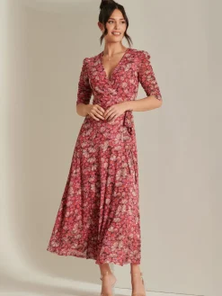 Jolie Moi Occasion Dresses|Mesh Dresses-Daliyah Wrap Front Mesh Maxi Dress, Pink Multi