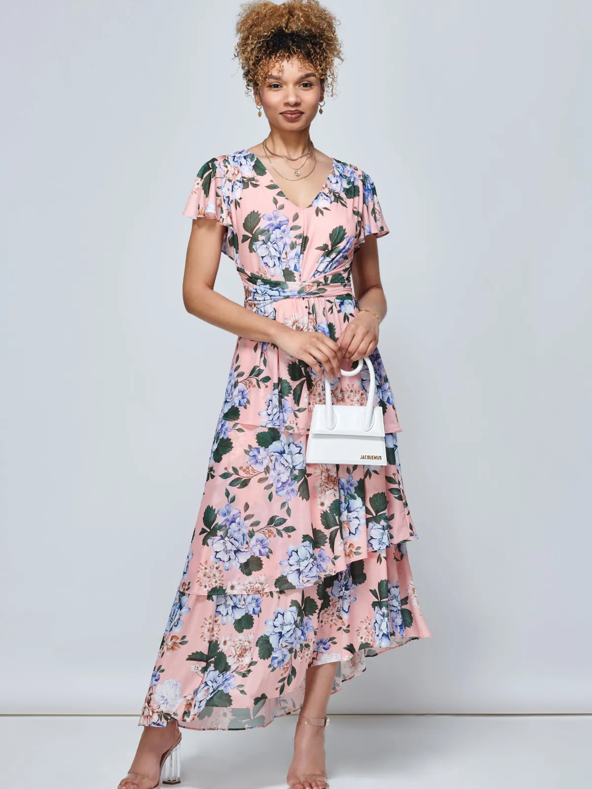 Jolie Moi Occasion Dresses|Mesh Dresses-Danica Tiered Hem Mesh Maxi Dress, Pink Multi