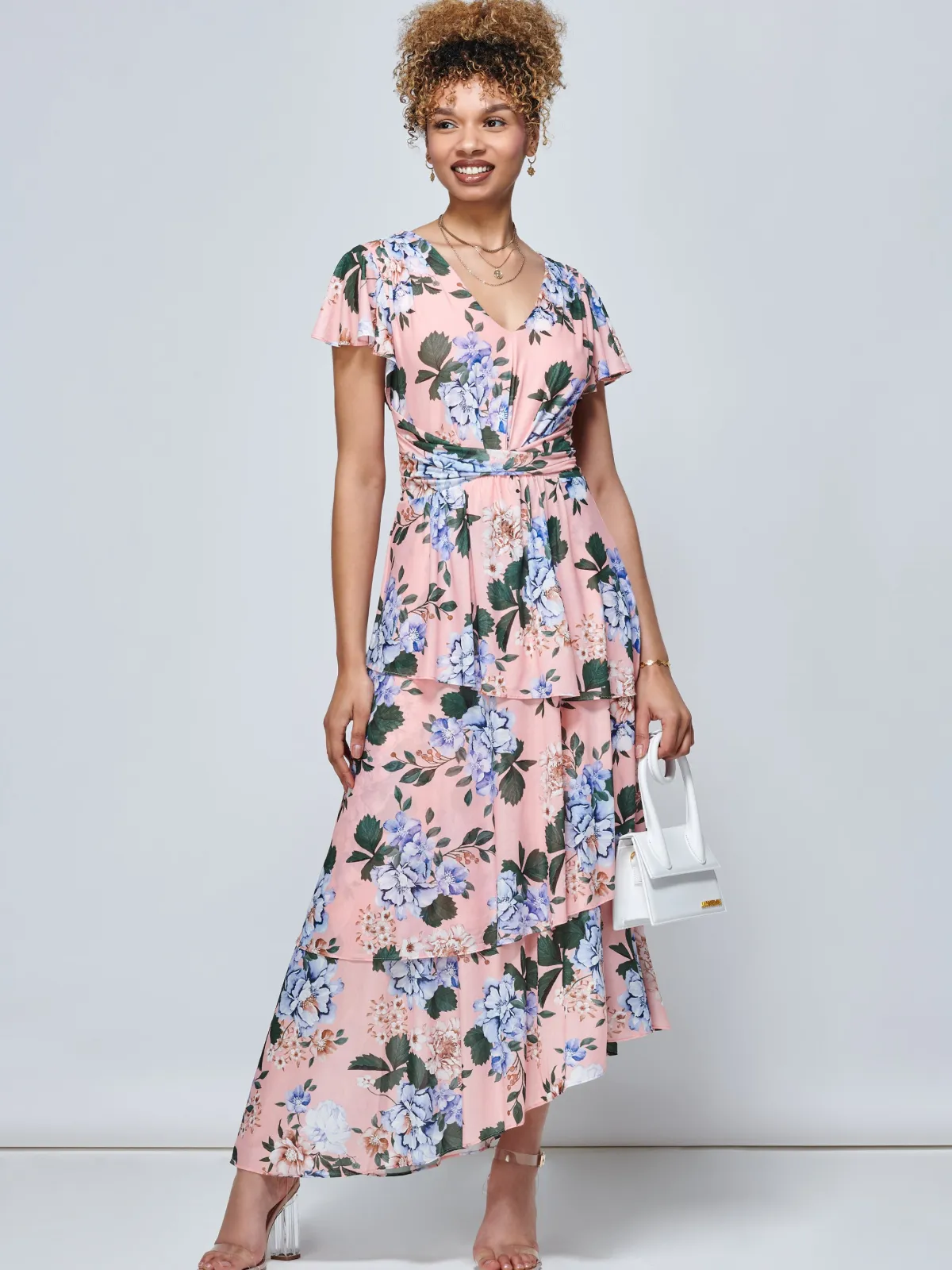 Jolie Moi Occasion Dresses|Mesh Dresses-Danica Tiered Hem Mesh Maxi Dress, Pink Multi