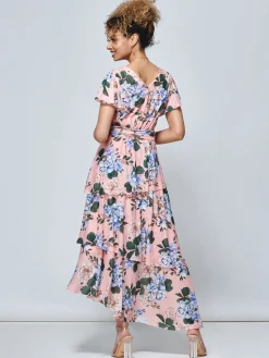 Jolie Moi Occasion Dresses|Mesh Dresses-Danica Tiered Hem Mesh Maxi Dress, Pink Multi