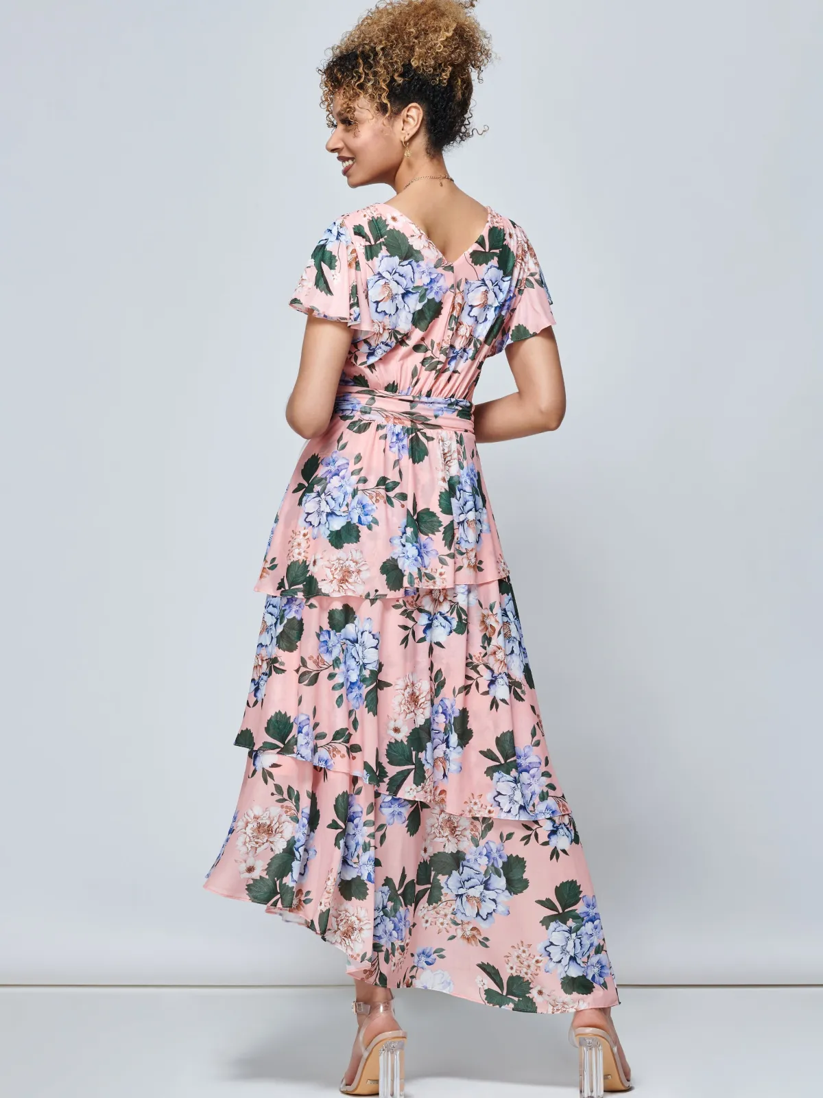 Jolie Moi Occasion Dresses|Mesh Dresses-Danica Tiered Hem Mesh Maxi Dress, Pink Multi