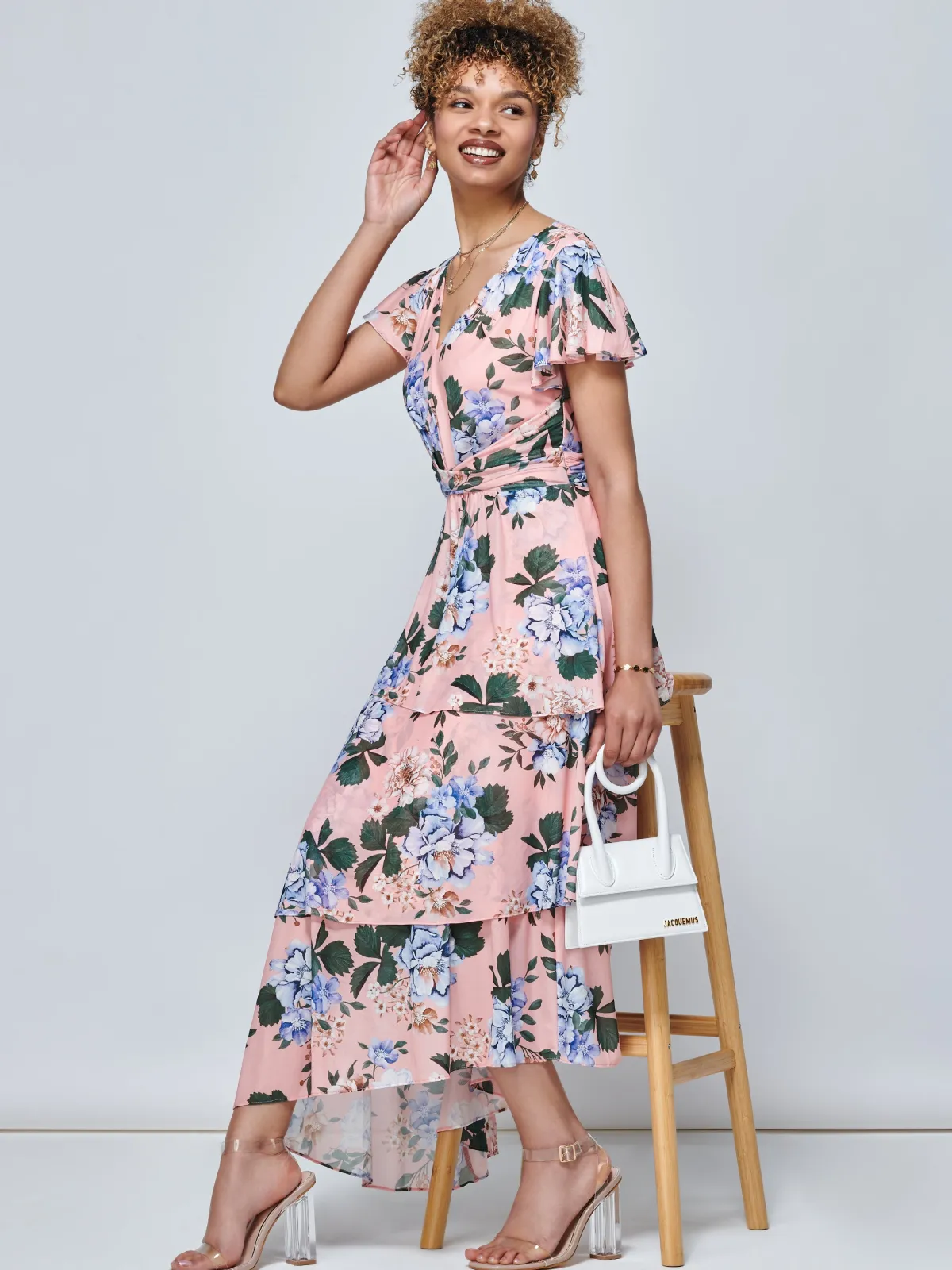 Jolie Moi Occasion Dresses|Mesh Dresses-Danica Tiered Hem Mesh Maxi Dress, Pink Multi