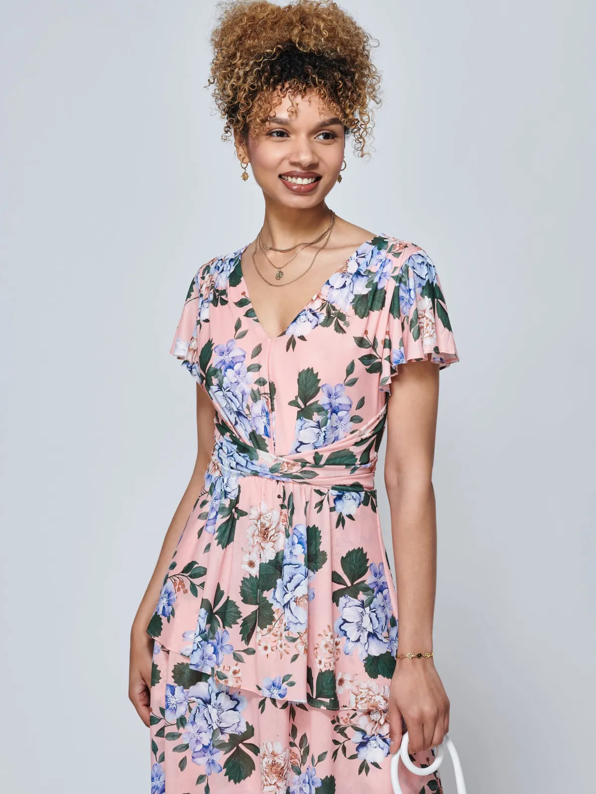 Jolie Moi Occasion Dresses|Mesh Dresses-Danica Tiered Hem Mesh Maxi Dress, Pink Multi