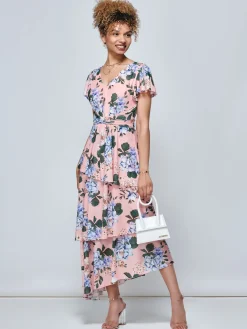 Jolie Moi Occasion Dresses|Mesh Dresses-Danica Tiered Hem Mesh Maxi Dress, Pink Multi