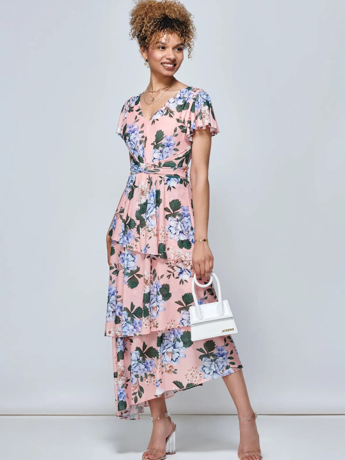 Jolie Moi Occasion Dresses|Mesh Dresses-Danica Tiered Hem Mesh Maxi Dress, Pink Multi