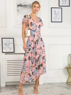 Jolie Moi Occasion Dresses|Mesh Dresses-Danica Tiered Hem Mesh Maxi Dress, Pink Multi