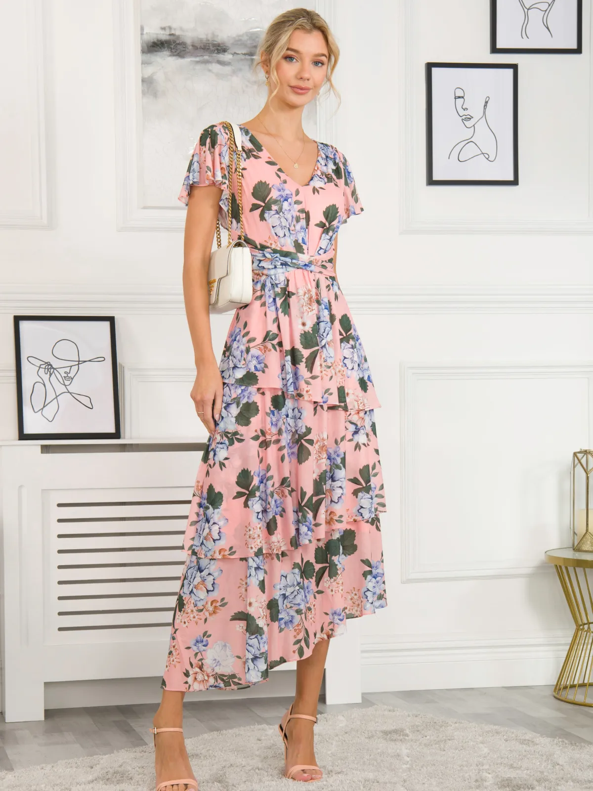 Jolie Moi Occasion Dresses|Mesh Dresses-Danica Tiered Hem Mesh Maxi Dress, Pink Multi
