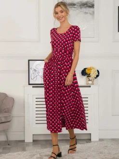 Jolie Moi Occasion Dresses|Jersey Dresses-Danna Scoop Neck Dress, Red Geo